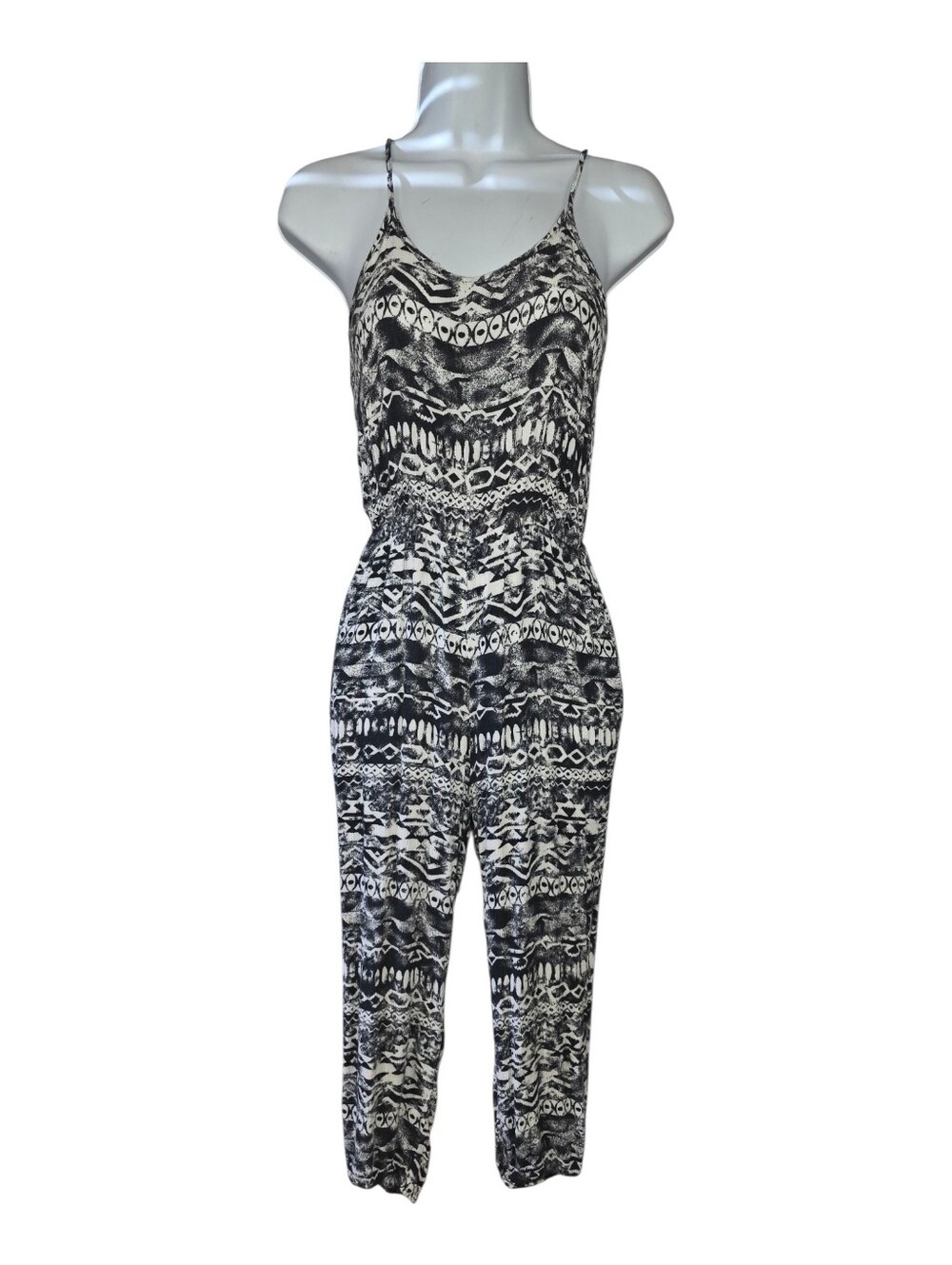 UK2LA Navy Blue & White Abstract Print Spaghetti Strap Jumpsuit Size Small